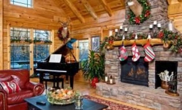 Gorgoeus rustic stone fireplace with christmas décor 38
